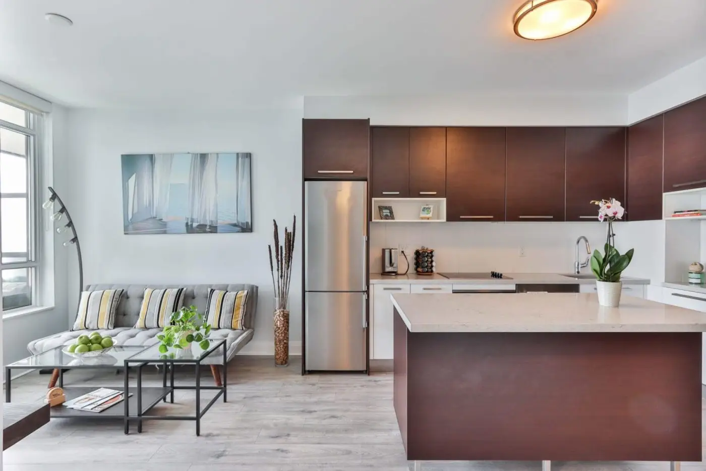 Modern kitchen with white cabinets and island